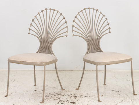 Pair Garden Side Chairs with a Peacock or Wheat Sheaf Motif, Gray Painted Aluminum and Upholstered Seats