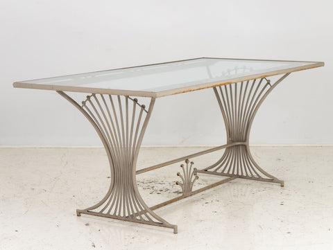 Dining Table with Peacock or Wheat Sheaf Motif, Gray Painted Aluminum