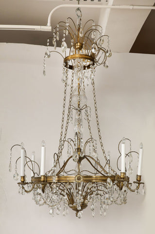 Eight Armed Crystal and Brass Chandelier, Early 20th C.