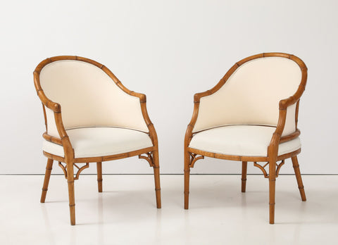 Faux Bamboo Carved Wood Pair of Chairs, France Mid 20th C.