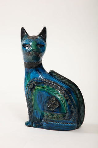 Ceramic Cat by Aldo Londi for Bitossi in 'Rimini blue' with incised decoration Italy. Circa 1960