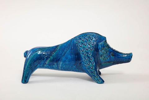 Ceramic Boar by Aldo Londi for Bitossi in 'Rimini blue' with incised decoration Italy. Circa 1960