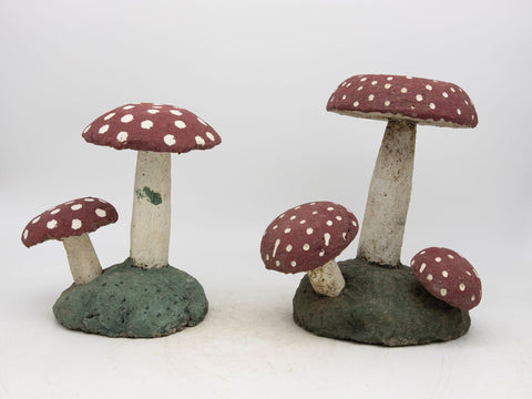 Pair Vintage Painted Stone Toadstool Mushrooms with Red Caps