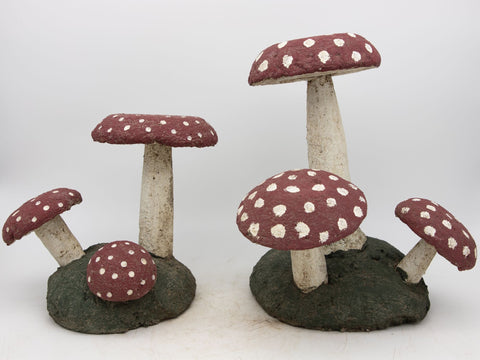 Pair Vintage Painted Stone Toadstools Mushrooms with Red Caps