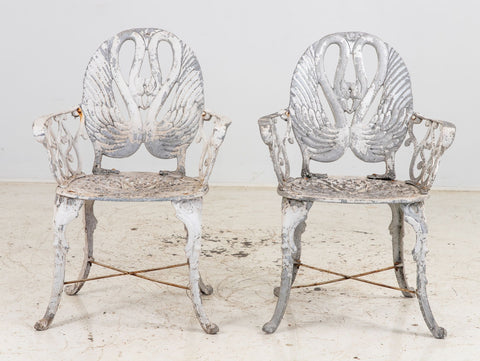 Pair White Painted Swan Back Aluminum Garden Armchairs, Sweden 1960s