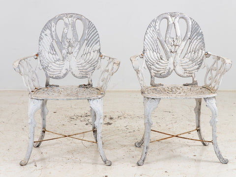 Pair White Painted Swan Back Aluminum Garden Armchairs, Sweden 1960s