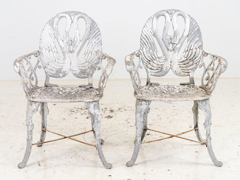 Pair White Painted Swan Back Aluminum Garden Armchairs, Sweden 1960s