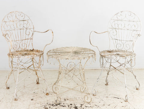 Victorian Style White Wirework Pair of Chairs and Cafe Table, France 1960