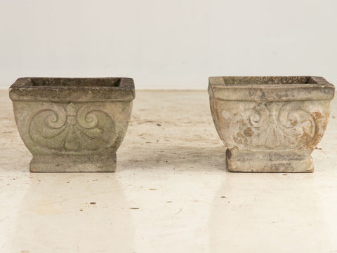 Pair Square Concrete Stone Planters with Shell Pattern, France mid 20th C.