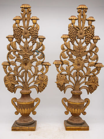 Pair Antique Carved Wood Urns with Flowers Mantle Ornaments, 19th C