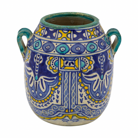 Blue, aqua, and yellow handles vase
